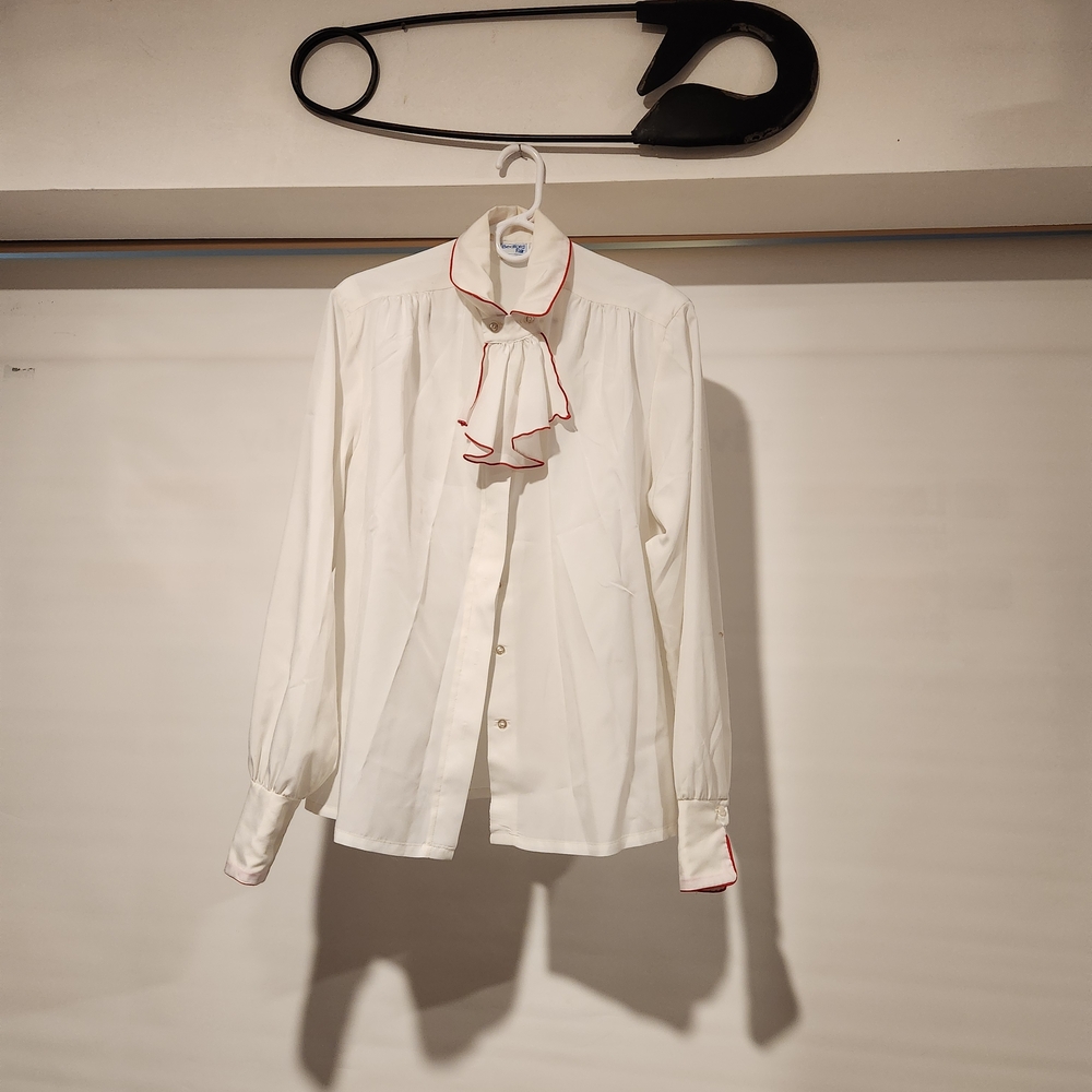 Vintage Elegant White Blouse with Red Trim
